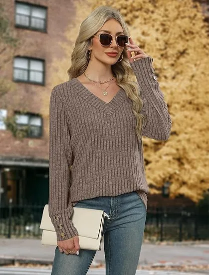 Women's V-Neck Long Sleeve Knit Sweater | Lightweight | Oversized Loose Fit Sweater for Layering