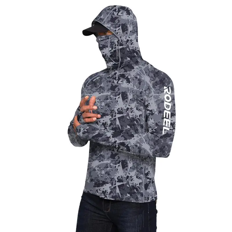 Sun Hoodie Shirt w/ UV Detection Mask Neck Gaiter Thumbhole Men UPF 100+ Sun Protection Raglan Long Sleeve Lightweight Quick Dry Moisture Wicking Breathable Cooling Athletic Activewear for Outdoor Hiking Fishing Construction Roofing Landscaping