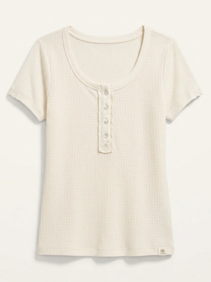 Women's Cream Waffle Knit Button Front Henley Top