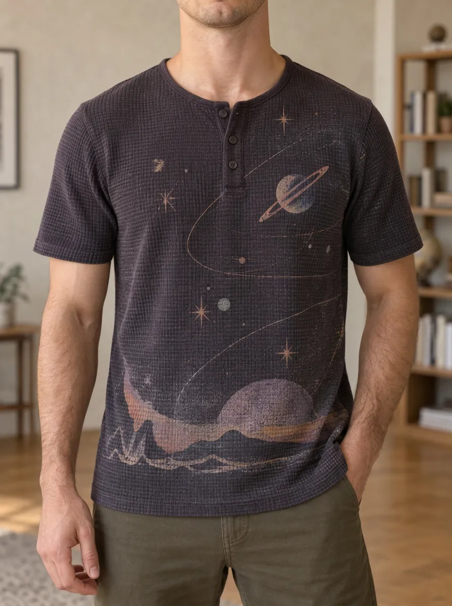 Men's Modern Space Astronomy Planet Waffle Henley T-Shirt