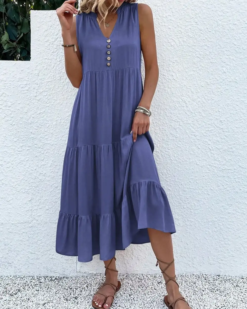 12PACK-Contrast Color Cotton And Linen Casual Dress