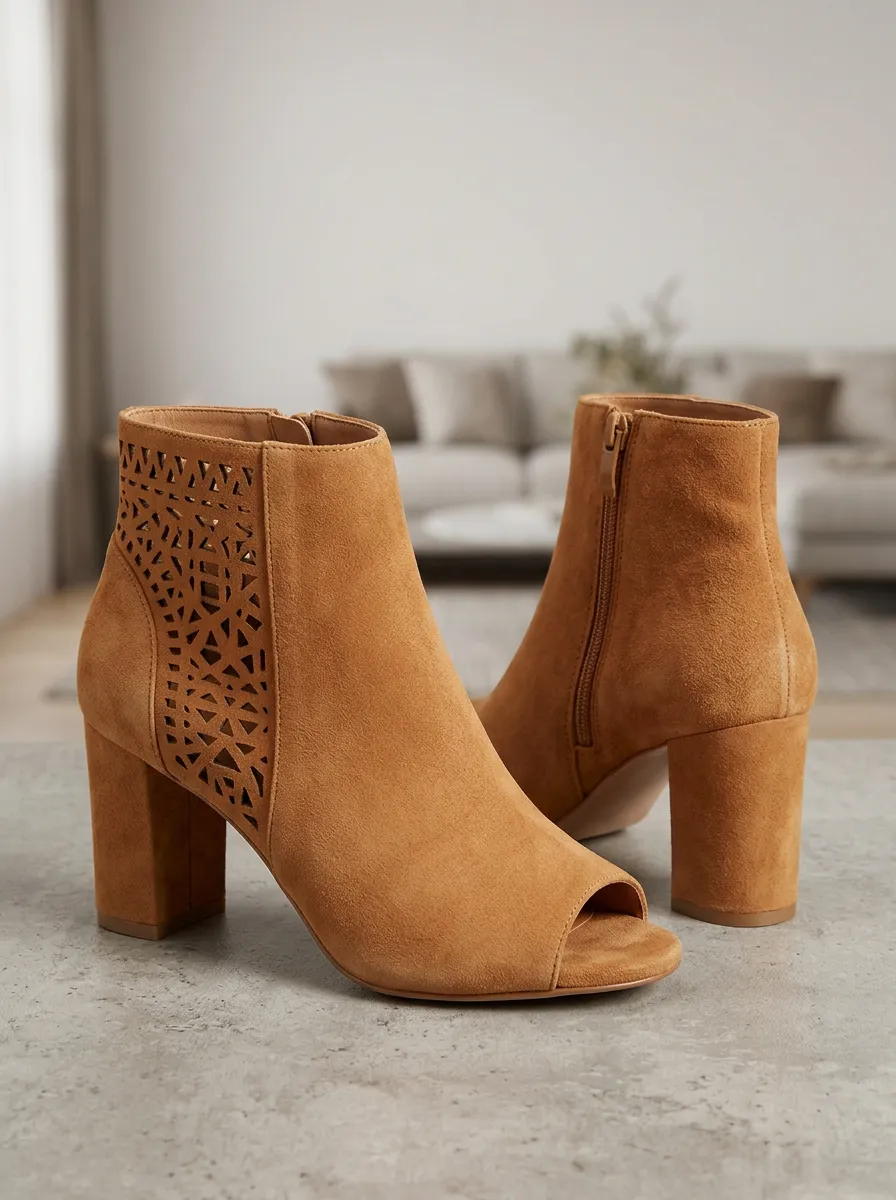 Cutout Geometric Suede-Look Women's Peep-Toe Ankle Boots