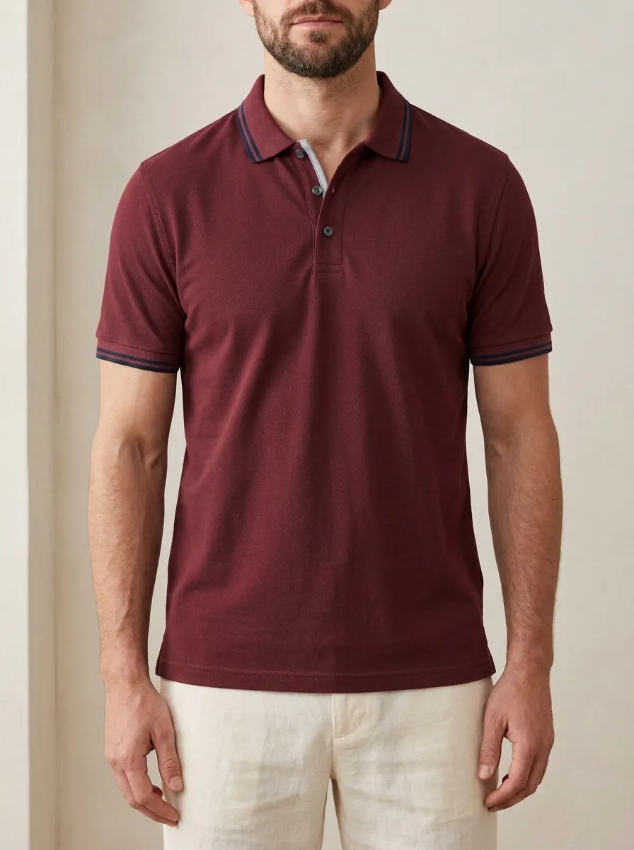 Men's Knit Ribbed Tipped-Collar Polo Shirt