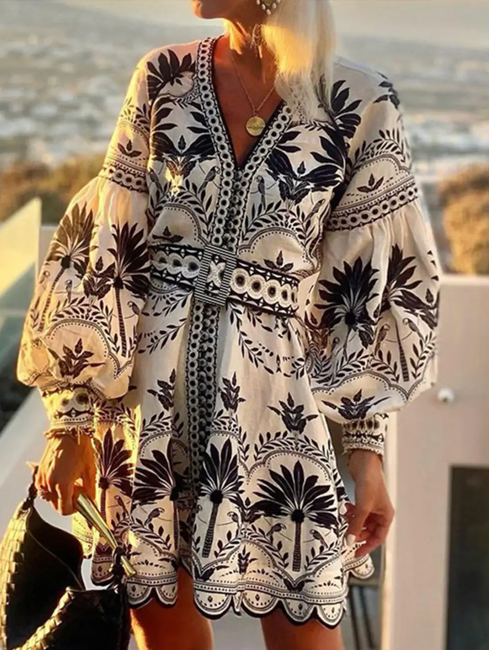 Textured Detail Printed Mini Dress