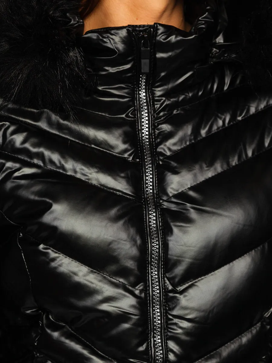 women's black quilted winter jacket with hood