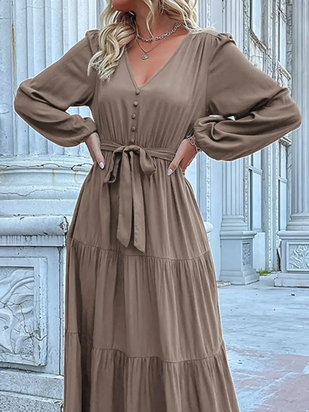 Smooth Finish V Neck Ruffle Dress