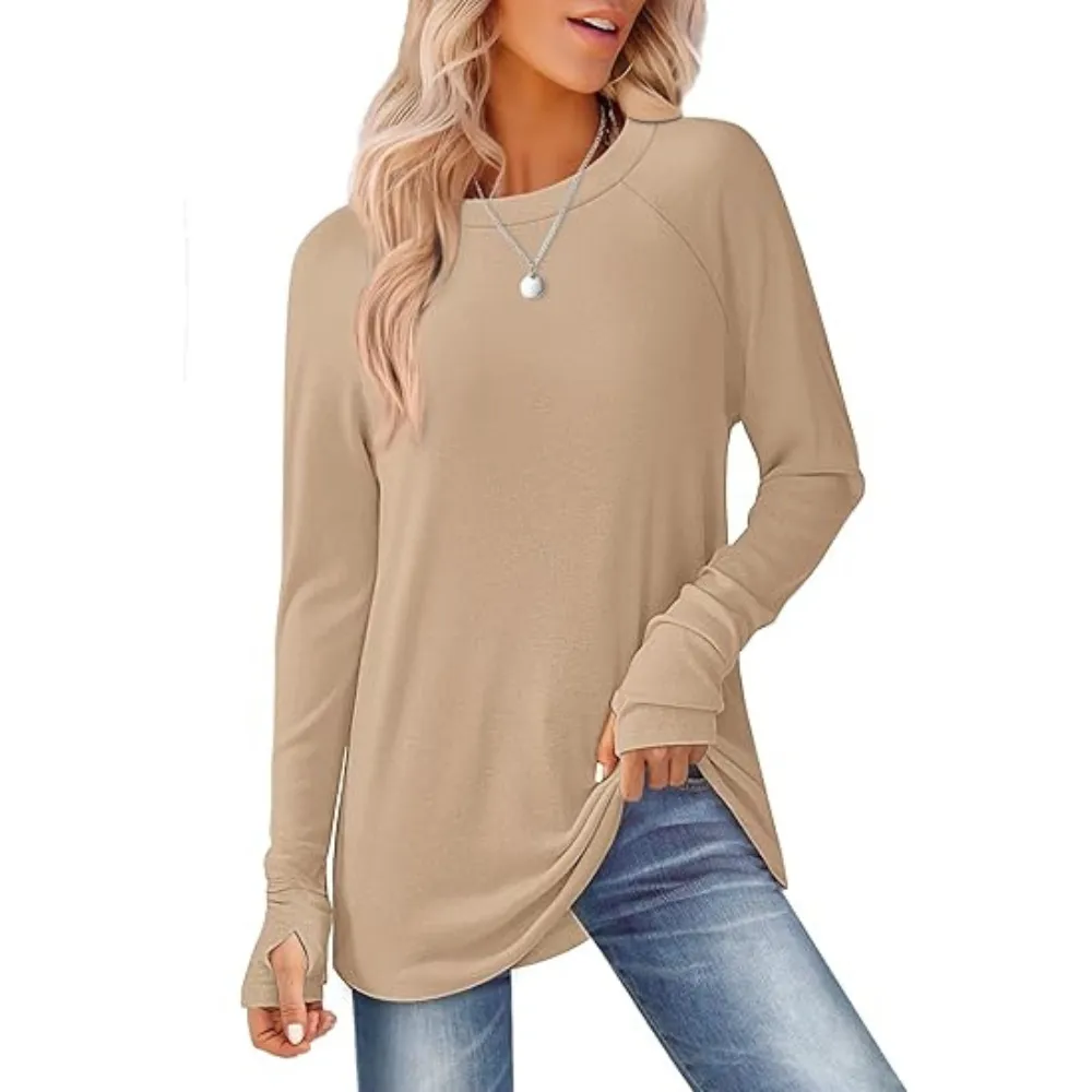 Womens Tunic Tops to Wear with Leggings Long Sleeve Thumb Hole Shirts Crew Neck Curved Hem