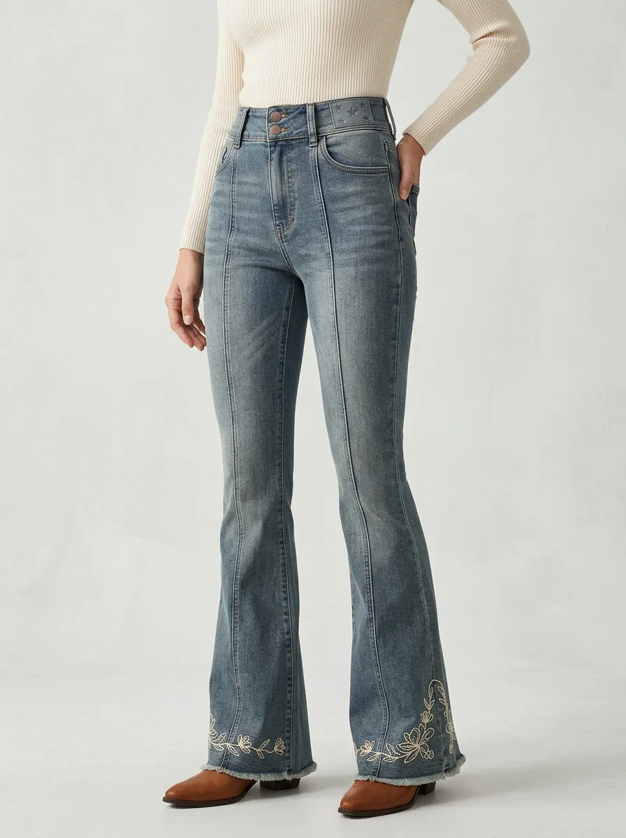 Women's Floral Embroidered Hem High Rise Flare Jeans