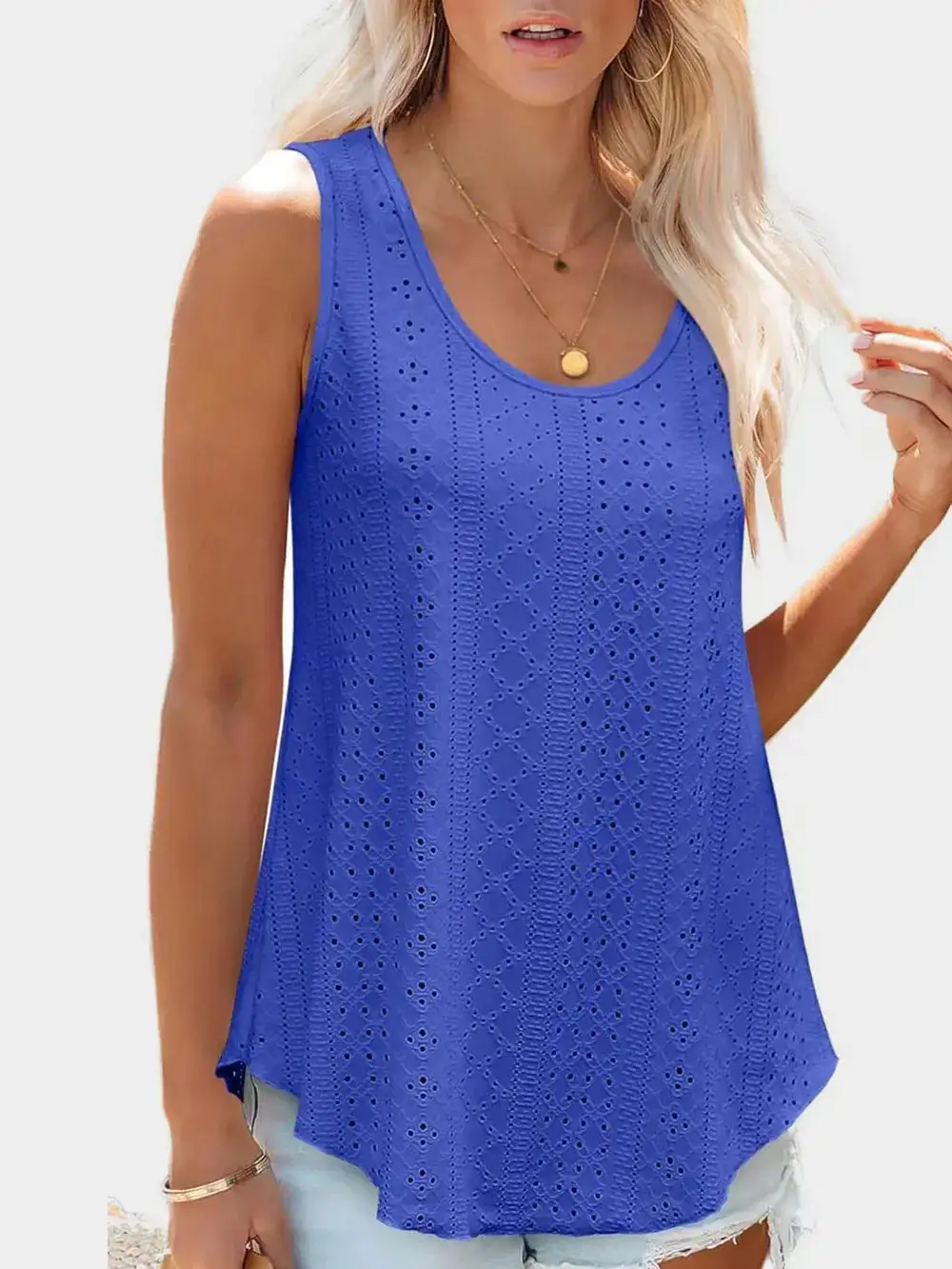 Eyelet Round Neck Tank With Sheer Detail