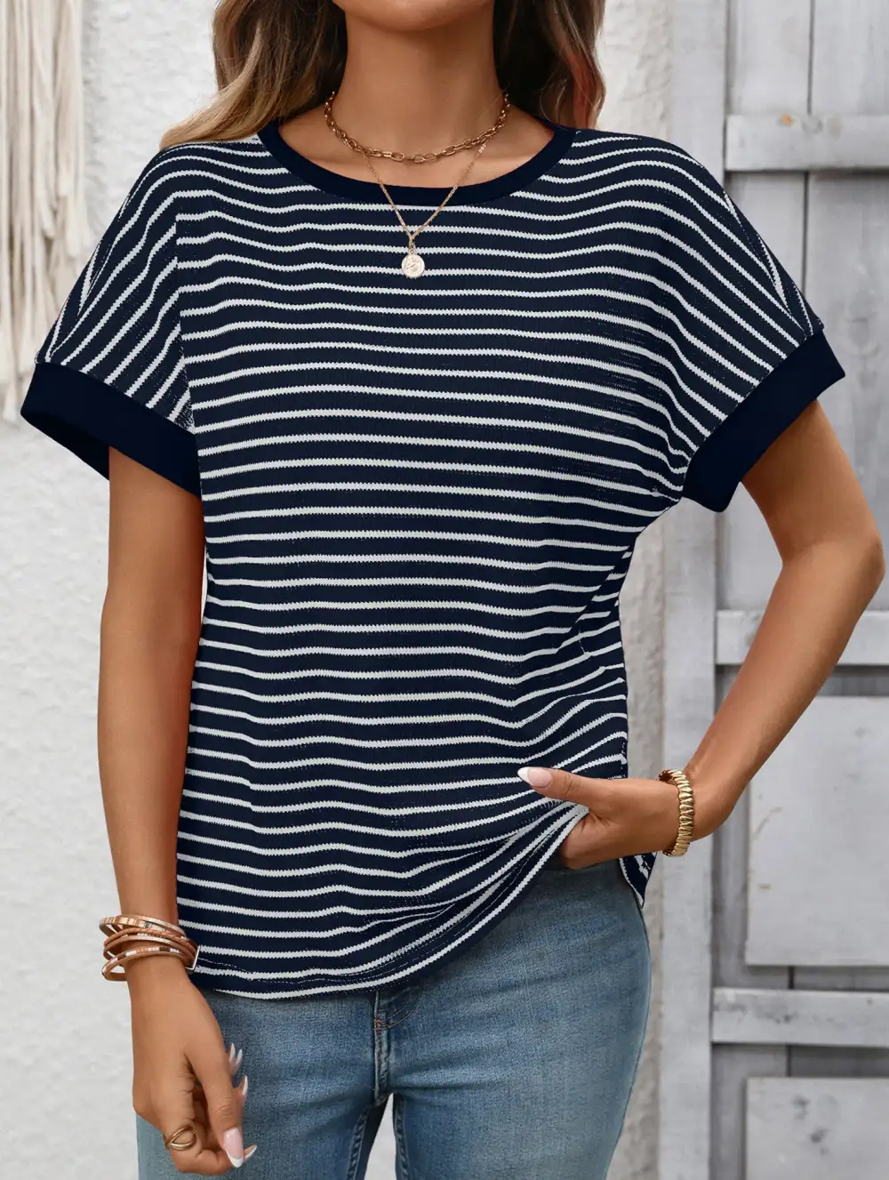 Crew Neck Patchwork Short Sleeve Tee