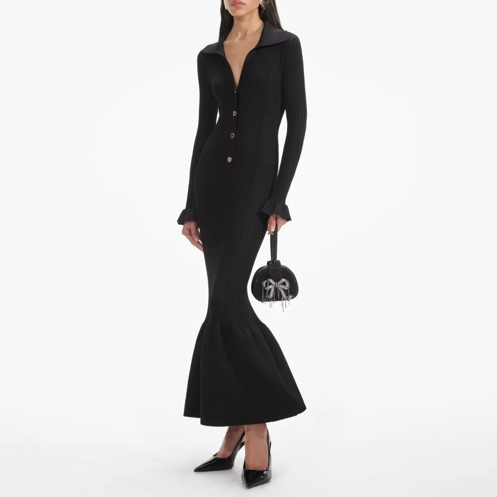 Black Ribbed Knit Fluted Midi Dress