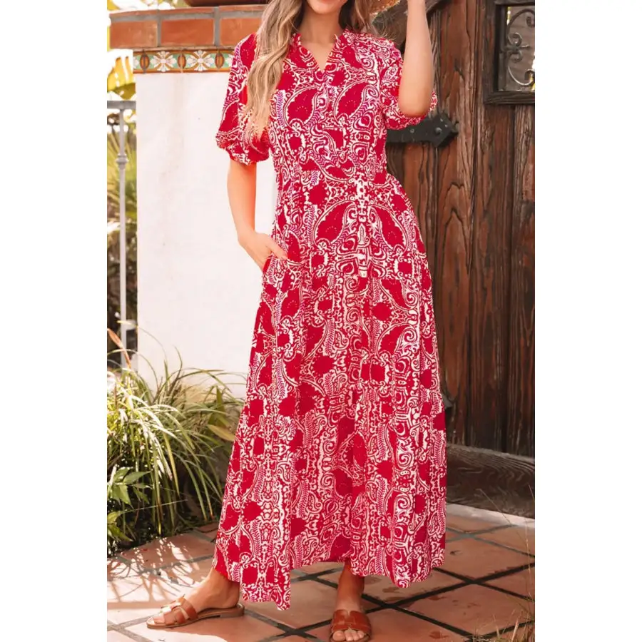 Relaxed Paisley Print Side Slit Puff Sleeve High Waist Maxi Dress