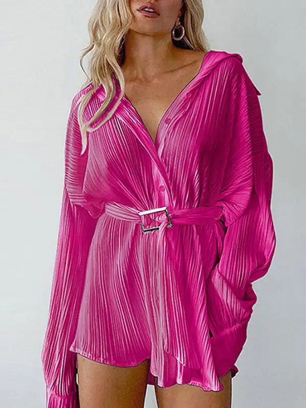 Long Sleeve Buttoned Pleated Solid Color Tied Waist Lapel Mini Dress
