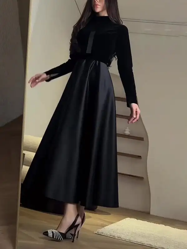 Joint Pleated Long Neck Maxi Dress