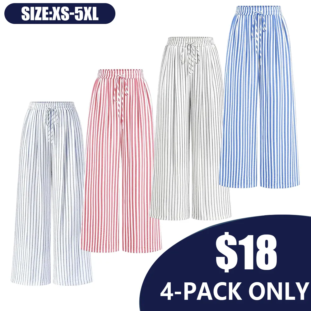 Women'S Elastic Waist Striped Lightweight Wide-Leg Pants-🔥7-Pack - All Colors Included, Only $24