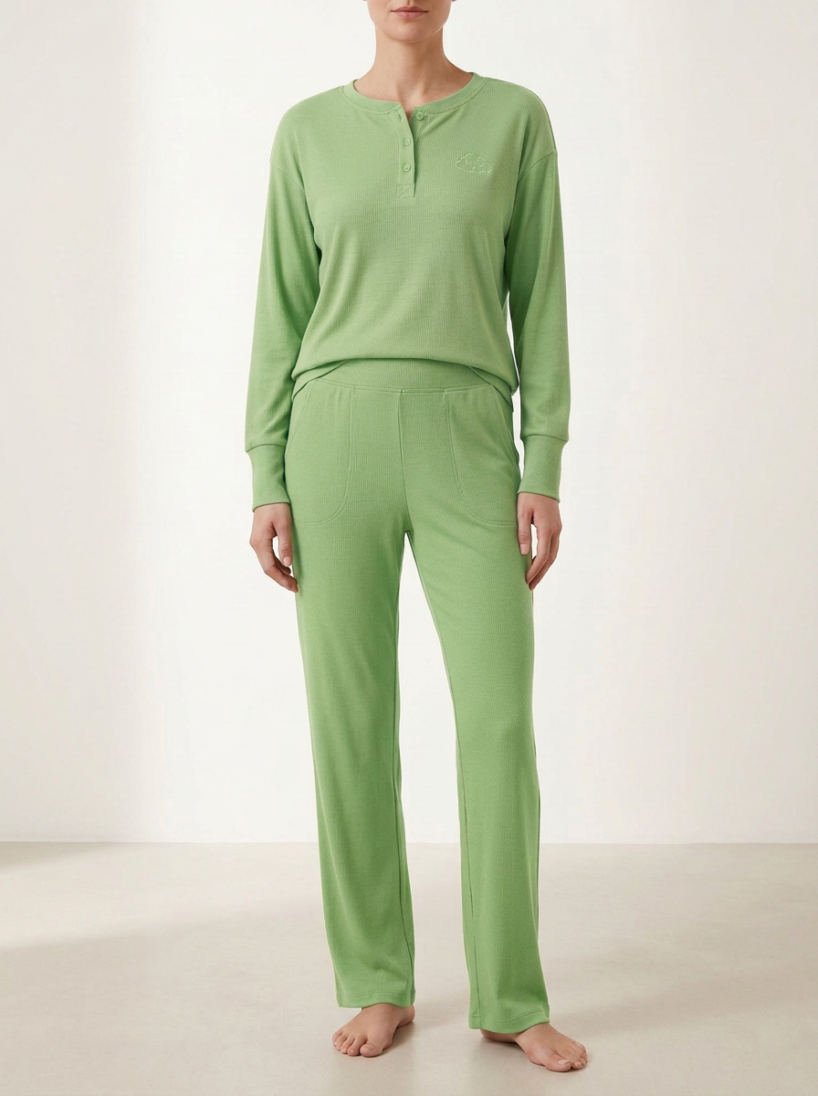 Women's Cloud-Embroidered Ribbed Henley Curved-Pocket Lounge Set