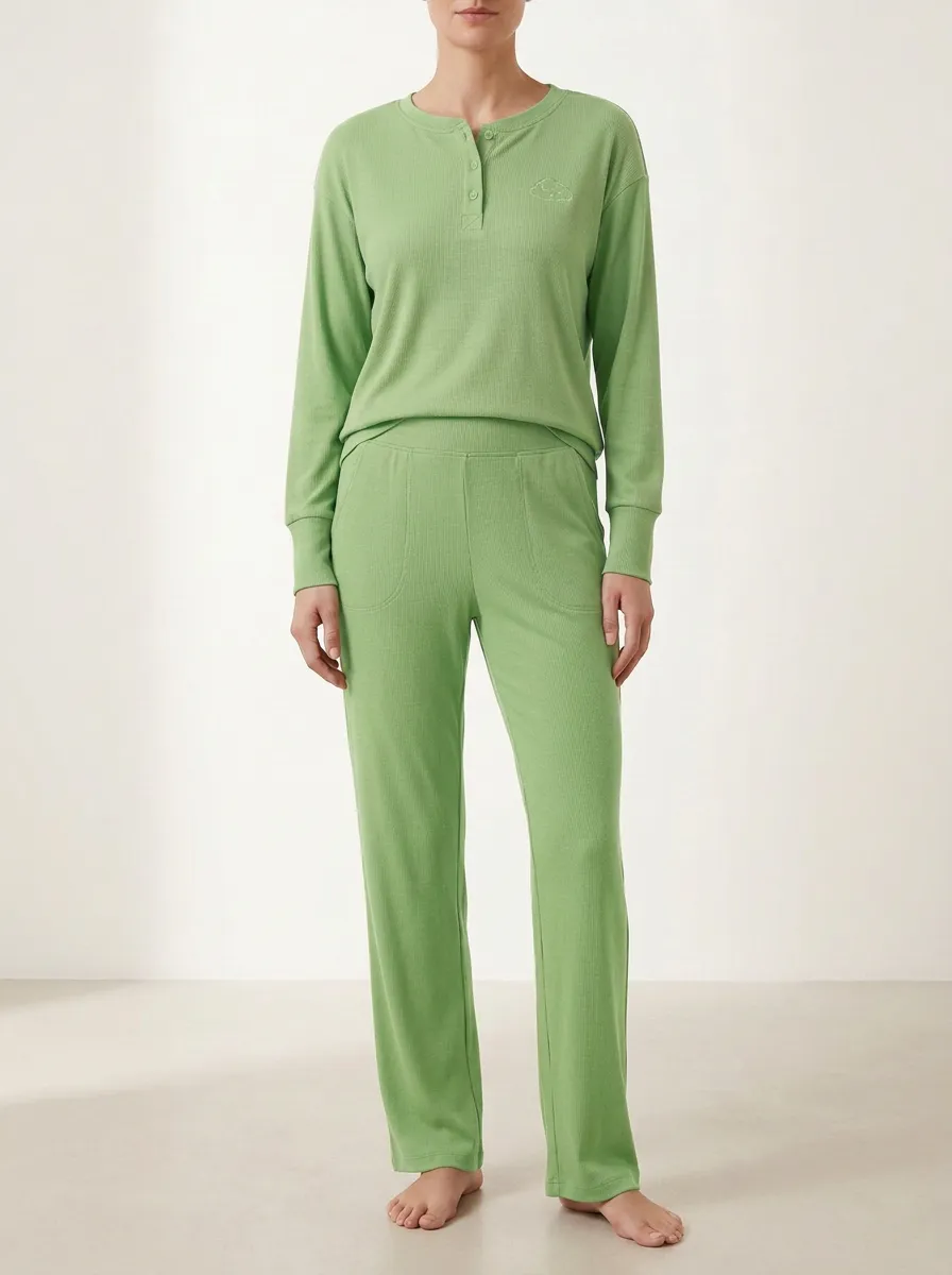 Women's Cloud-Embroidered Ribbed Henley Curved-Pocket Lounge Set