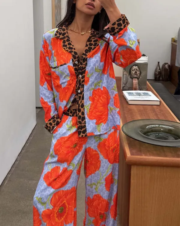 Floral Leopard Satin V-Neck Set