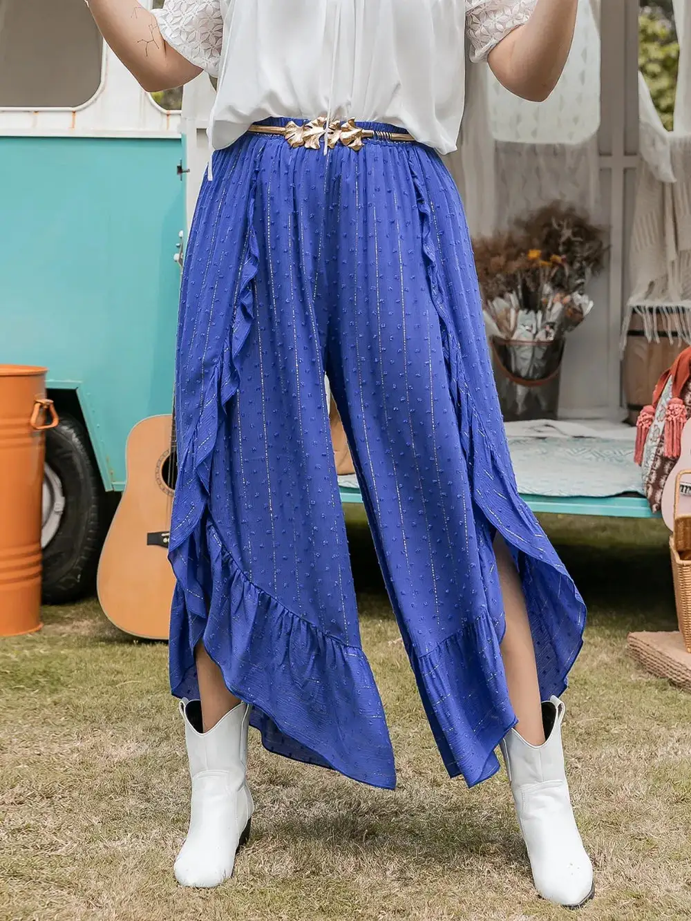 Ruffle Trim Wide Leg Pants