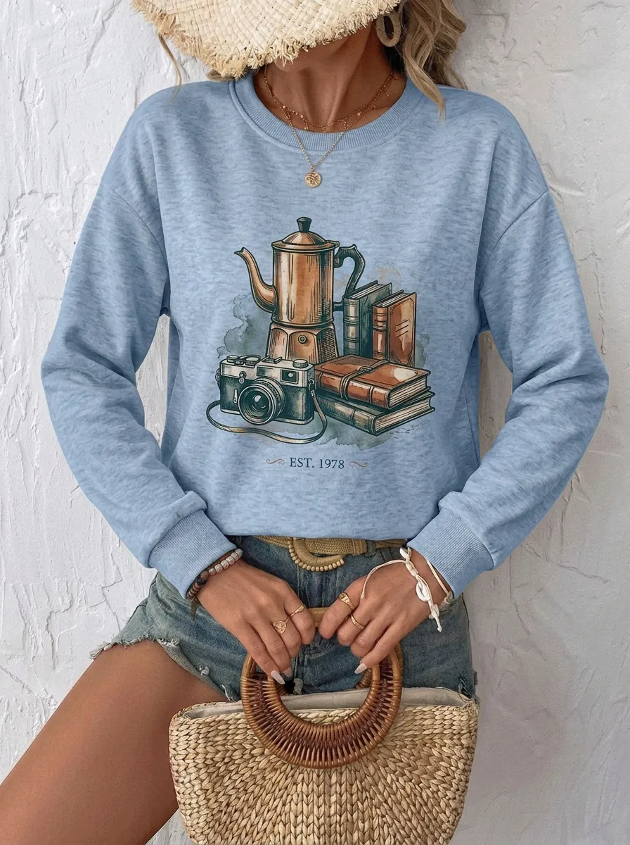 Women's Coffee Book Camera Lover Est 1978 Printed Sweatshirt