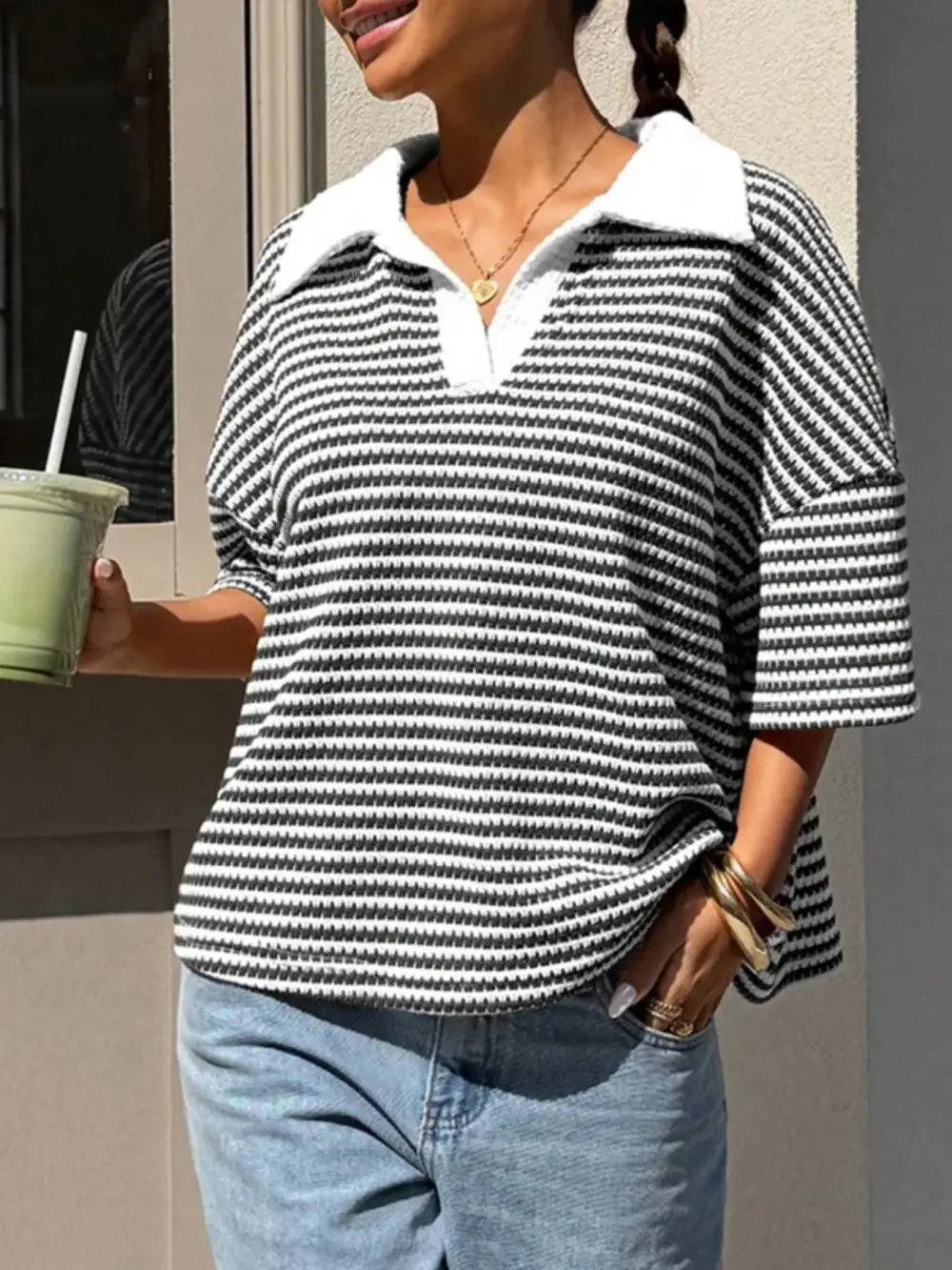 Striped Knit Polo Shirt