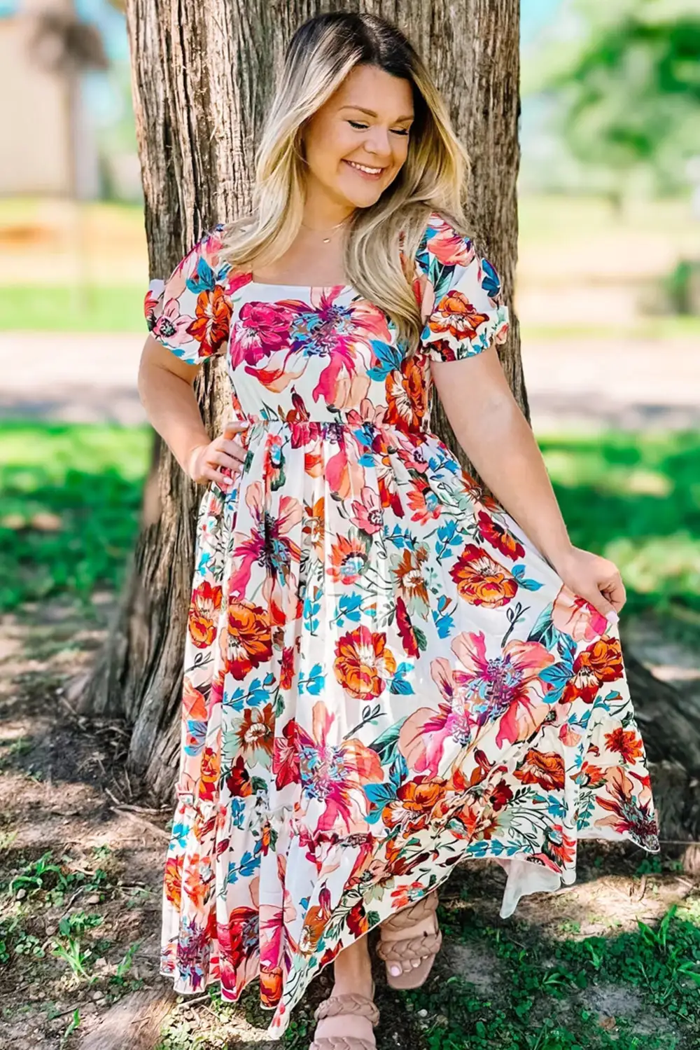 Floral Square Neck Puff Sleeve Midi Dress