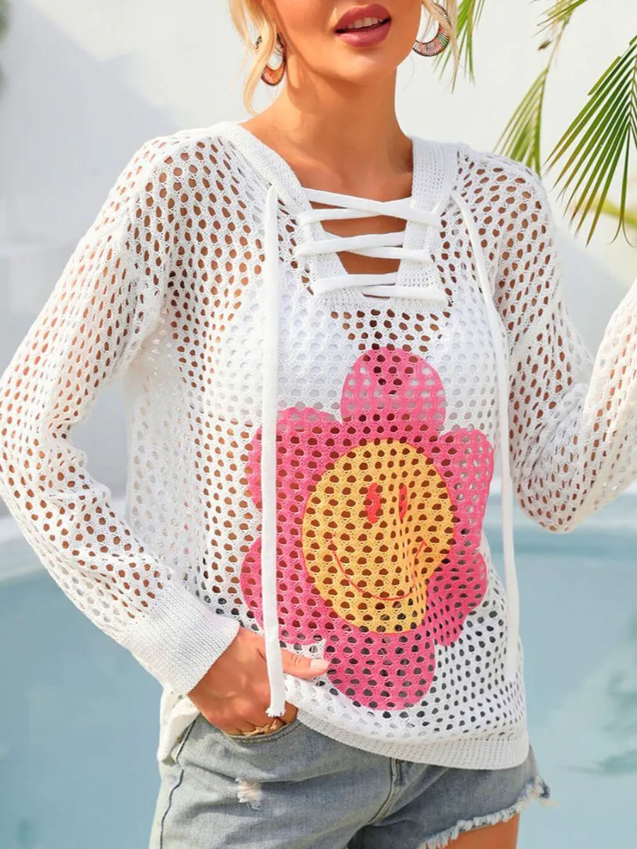 Flower Graphic Lace-up Openwork Hooded Cover Up