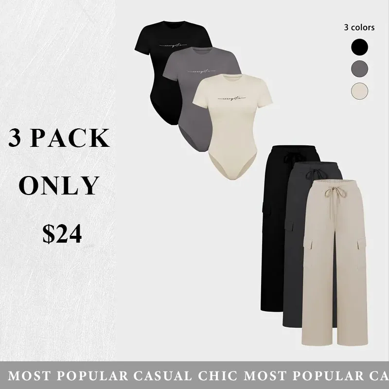 (3-SETS)Women'S Casual  Print Short Sleeve Round Neck TightJumpsuit And Waist Tie Wide Leg Pants With Pockets Set