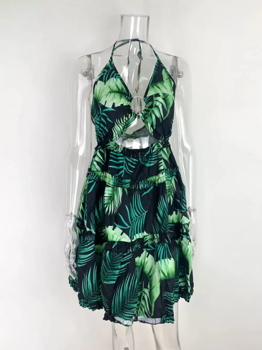 Colorful Print Halter Neck Ruffle Mini Dress