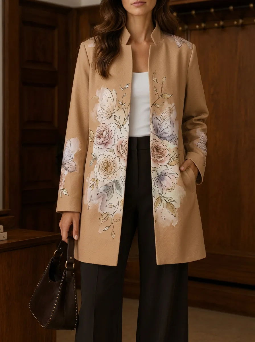 Women's Floral Butterfly Watercolor Printed Coat