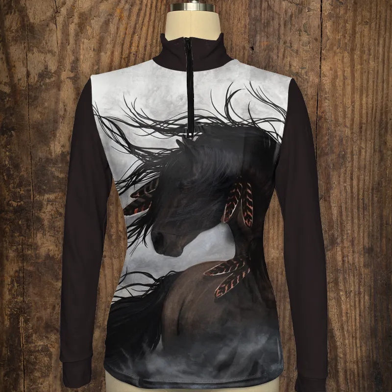Women's Riding Style Horse Print Long Sleeve Casual Shirt