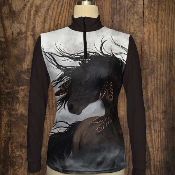 Women's Riding Style Horse Print Long Sleeve Casual Shirt