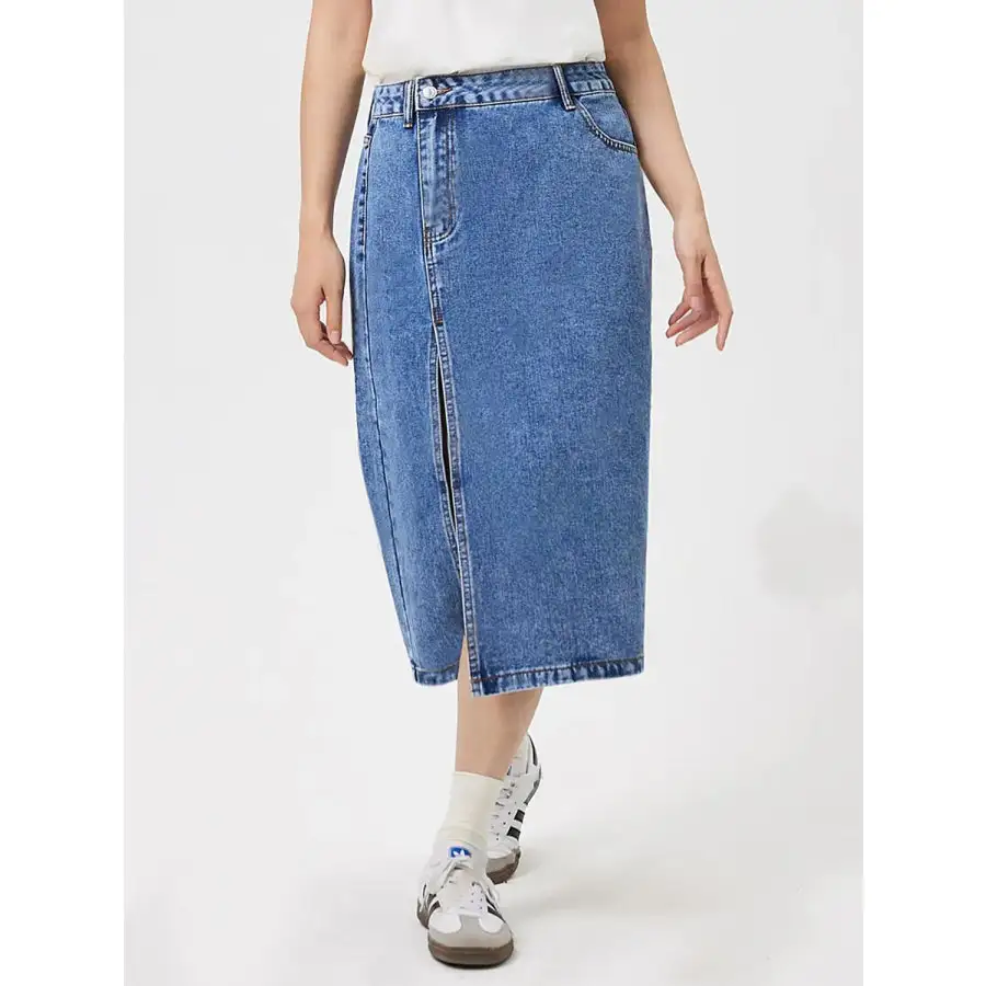 Simple Slit Midi Denim Skirt with Pockets
