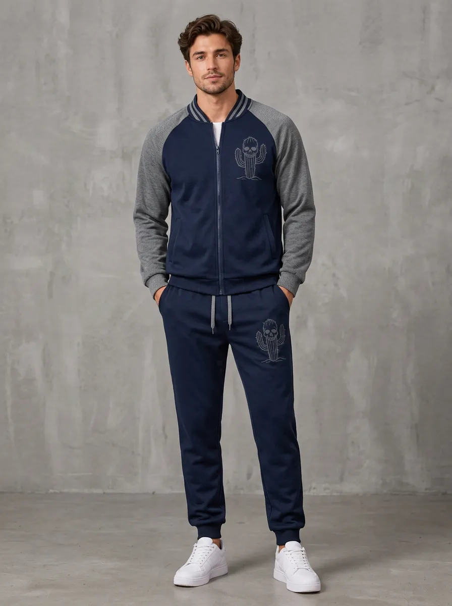 Men's Skull-Cactus Raglan Zip-Up-Jacket & Joggers Two-Piece Set