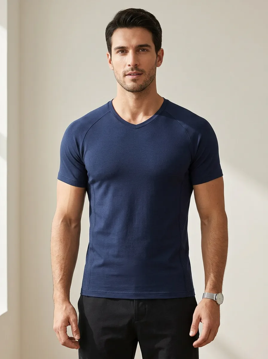 Minimal Textured Raglan Sleeve V-Neck Refined Look Men's Slim Fit Short Sleeve T-Shirt