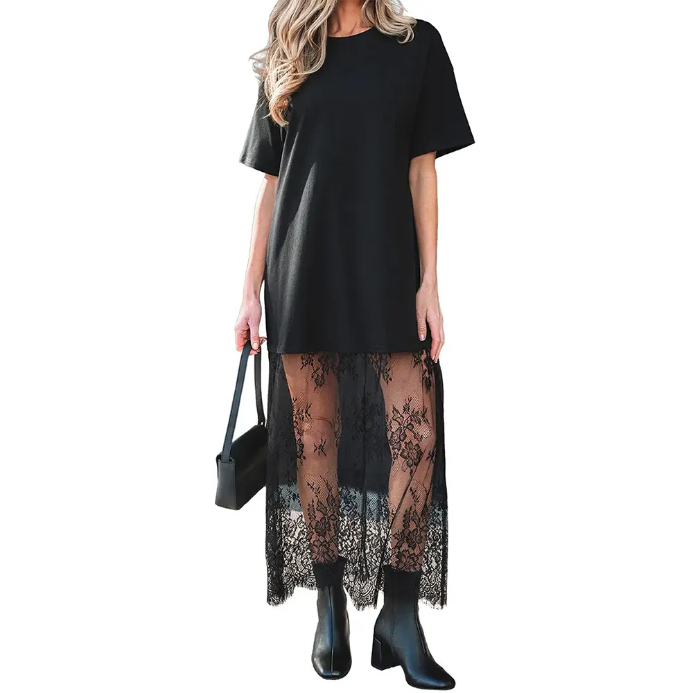 Women’s Oversized Tee Maxi Dress – Lace Hem Drop Shoulder Casual Chic