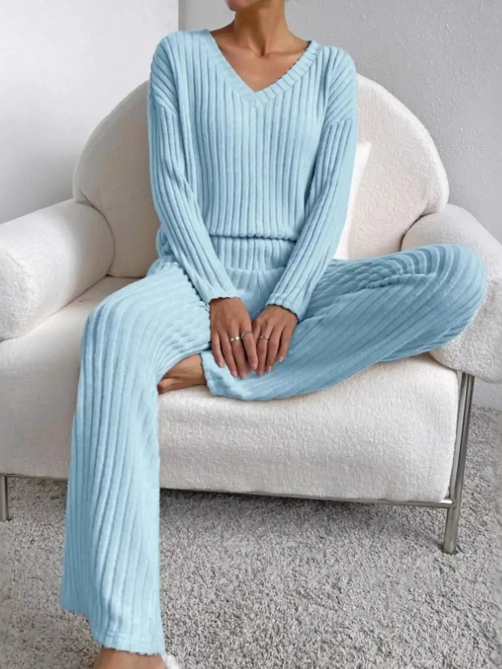 Classic Ribbed Knit V Neck Top and Pants Set