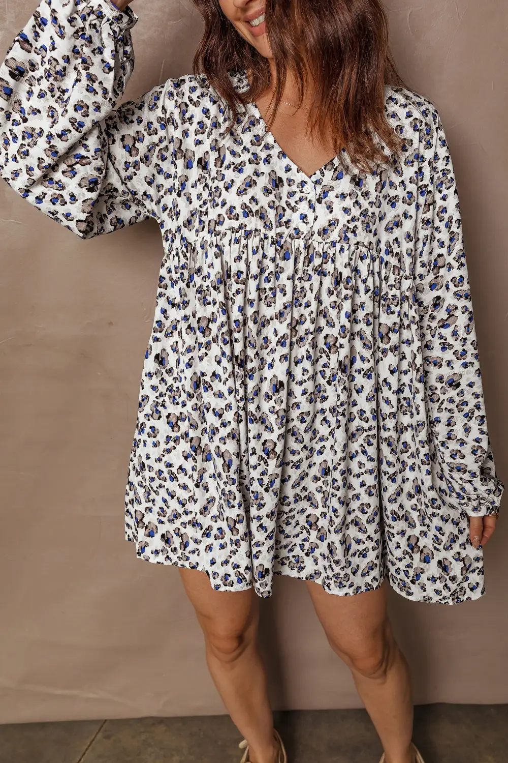Animal Print V Neck Long Sleeve Mini Dress