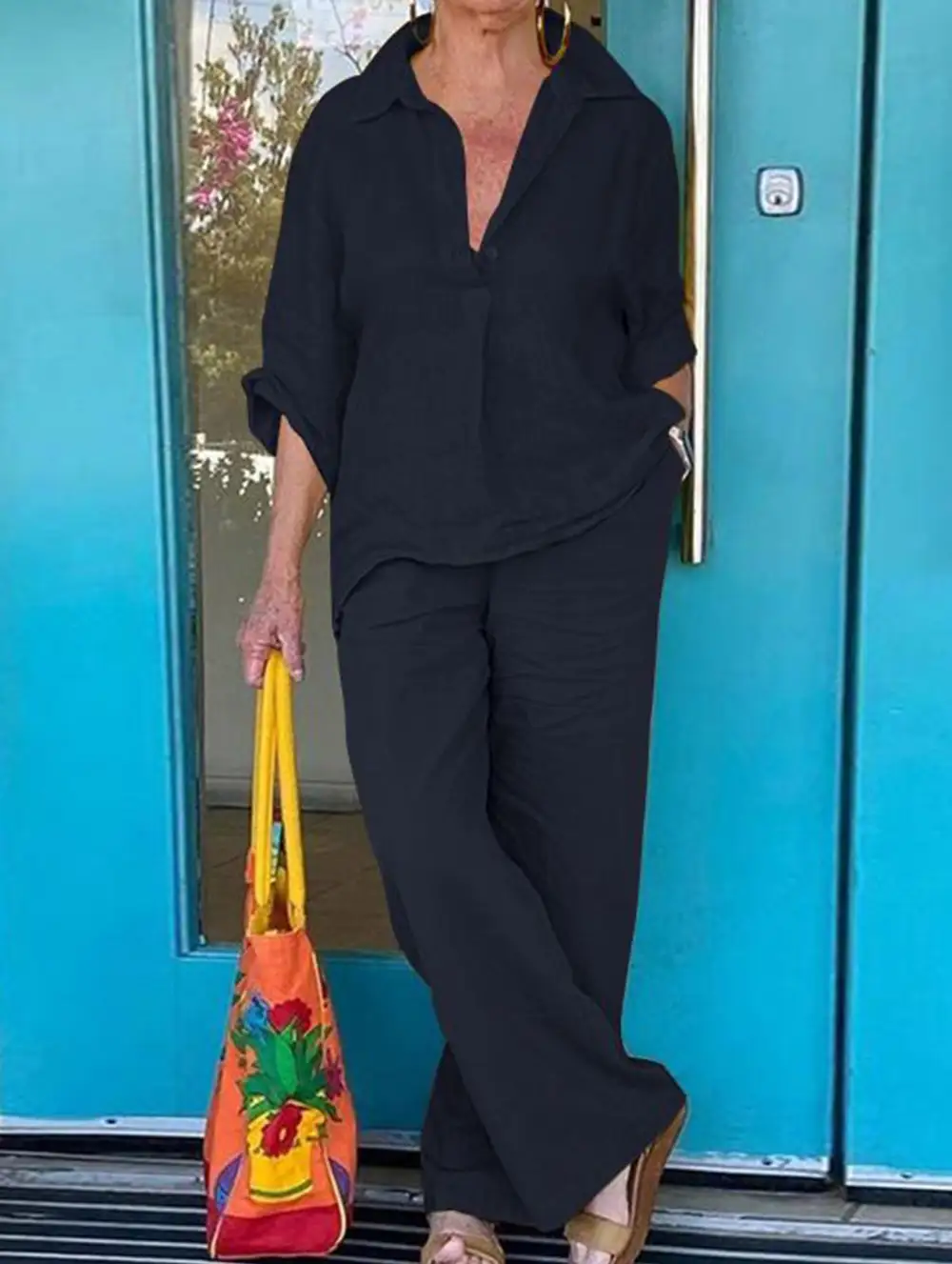 Lapel Shirt and Wide-Leg Pants Two-Piece Suit