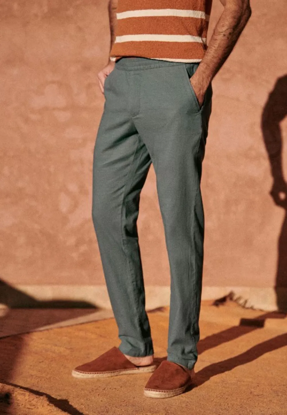 Olive Green Cotton Linen Blend Drawstring Trousers