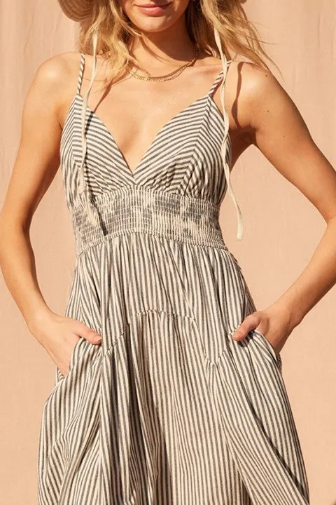 Grey Striped V-Neck Cami Maxi Dress