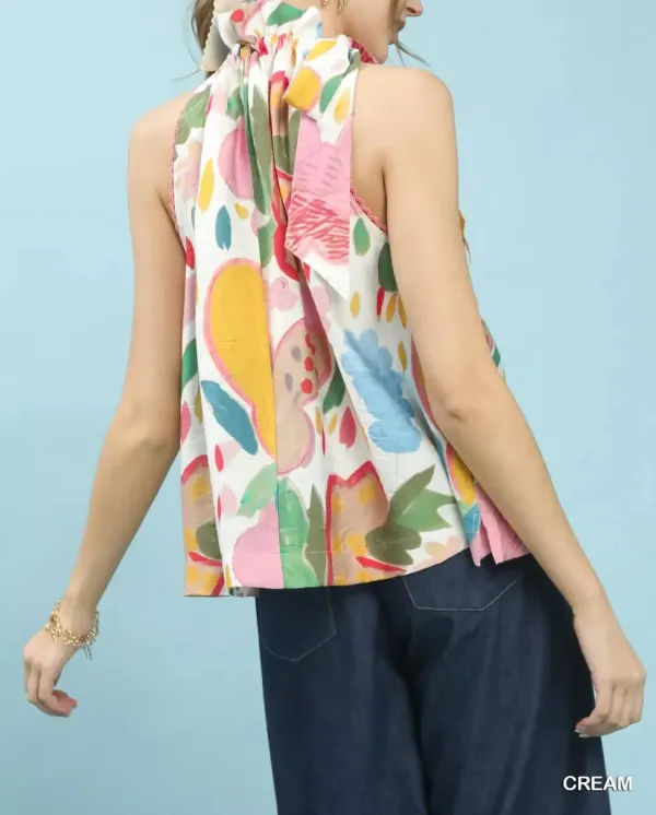Floral Print Halter Neck Ruffled Lace Trim Boho Top