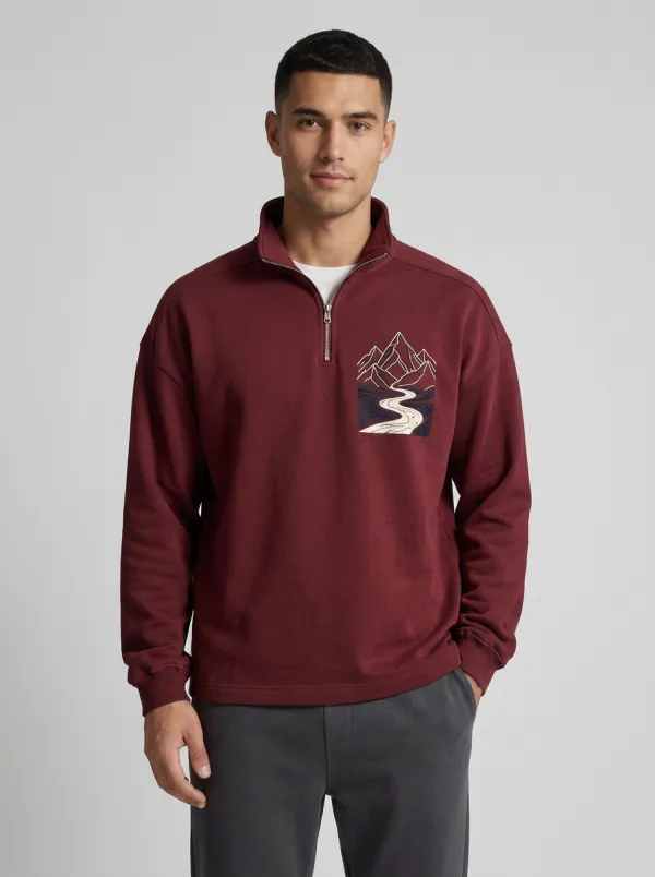 Men's Outdoor Mountain River Graphic Quarter-Zip-Neck Sweatshirt