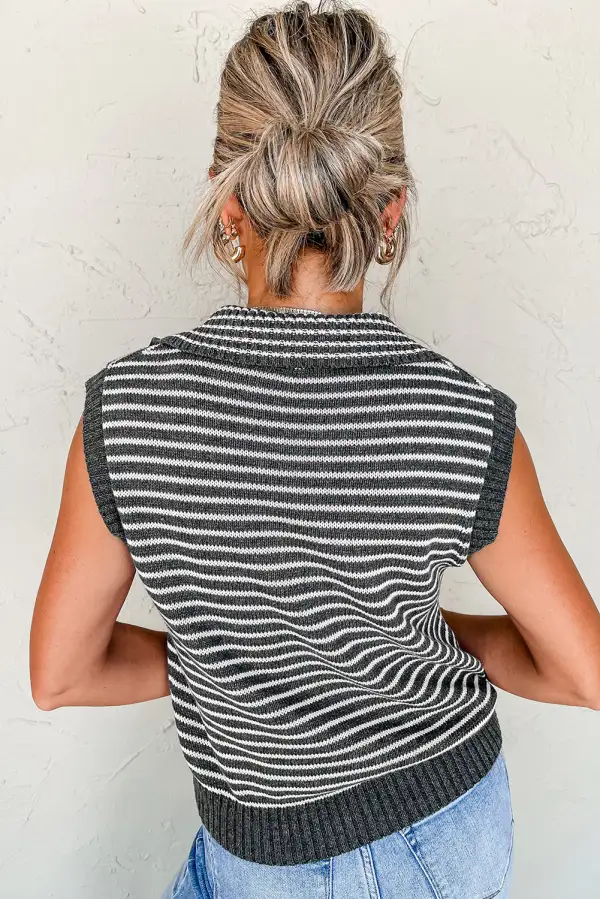 Stripe Collared V-Neck Pocket Detail Sweater Vest