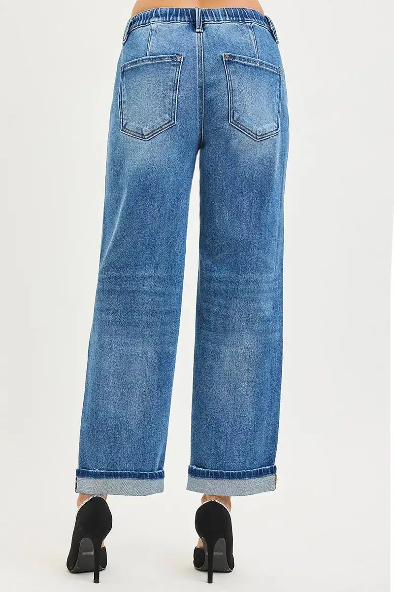 Elastic Waist Cuffed Denim Jeans