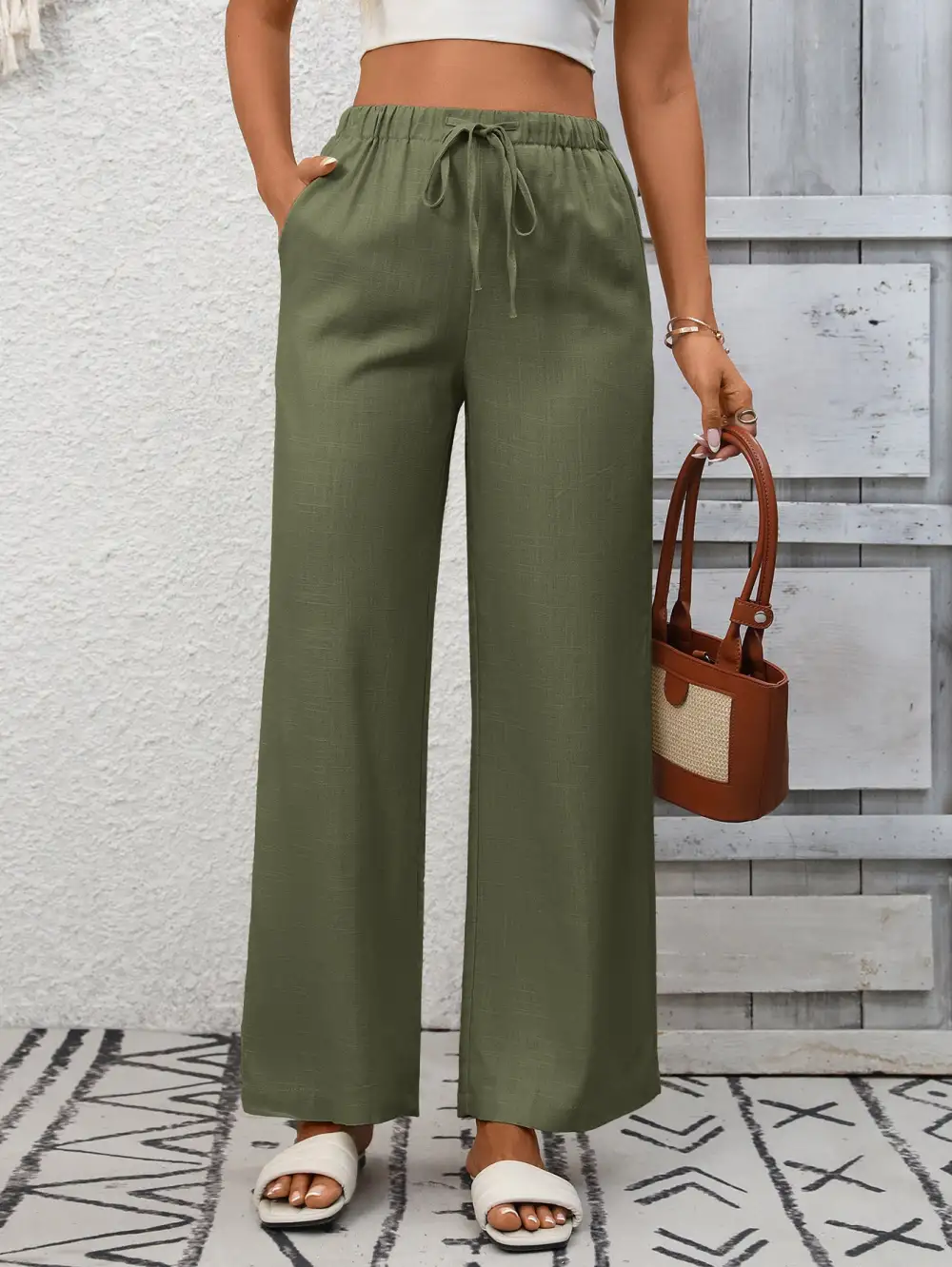 Wide Leg High Waist Drawstring Pocketed Pants