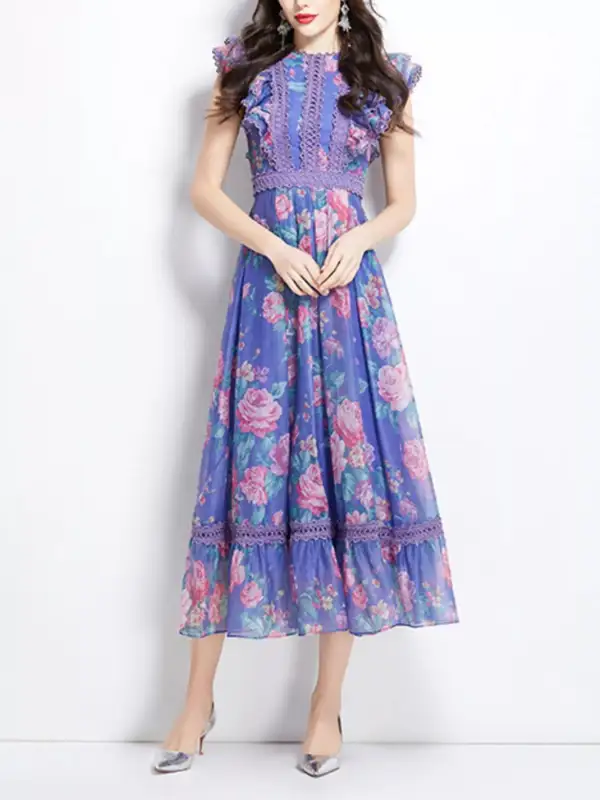Print Ruffle Sleeve Midi Dress
