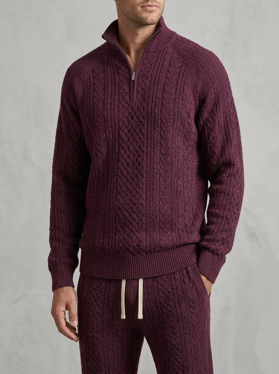 Cable-Knit Men's Quarter-Zip Knit Tracksuit Set