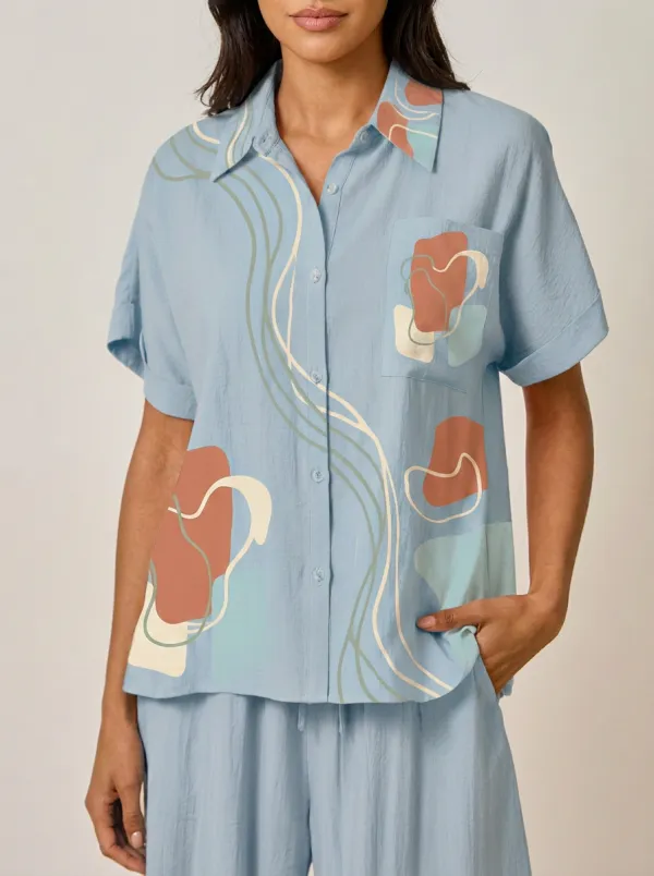 Women's Abstract Art Peach Wavy Lines Printed Button-up Shirt
