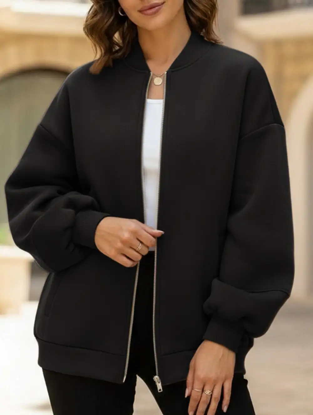 Textured Detail Zip-Up Sweatshirt Jacket